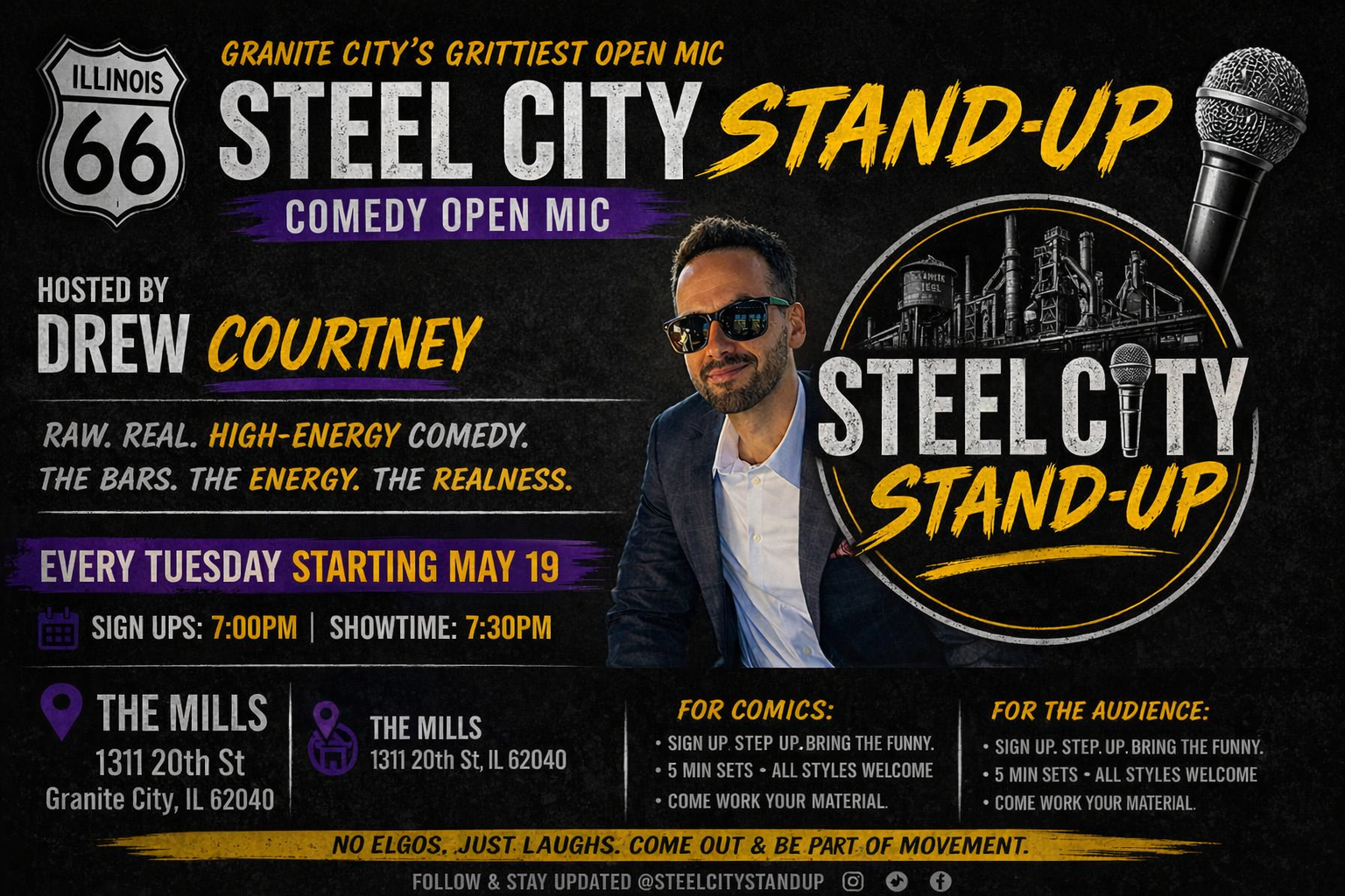 Steel City Stand Up Open Mic Night Poster Featuring Drew Courtney