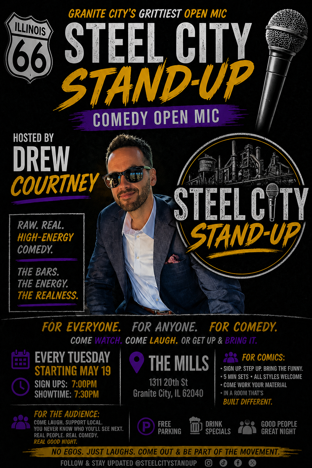 Steel City Stand Up Open Mic Night Poster Featuring Drew Courtney